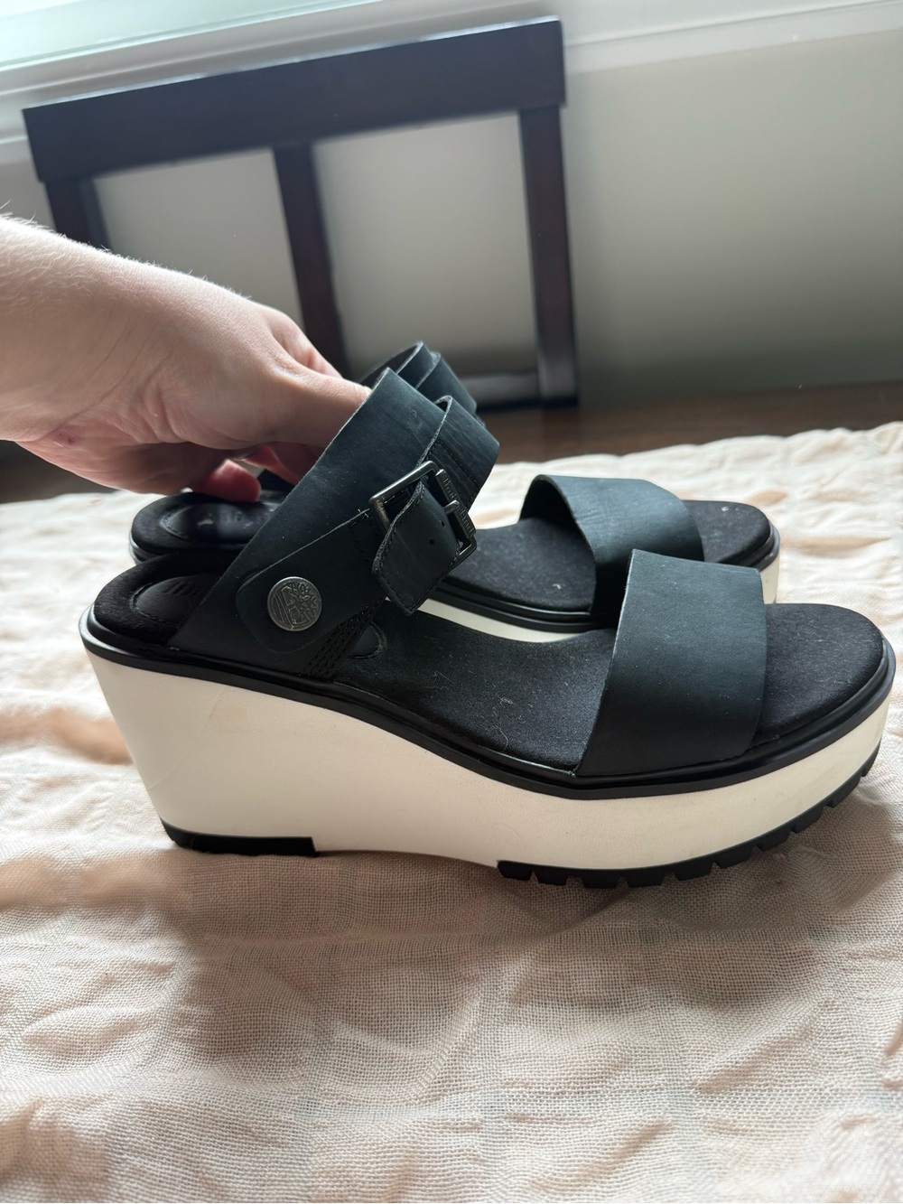Timberland Black Platform Wedge Sandals with White Sole